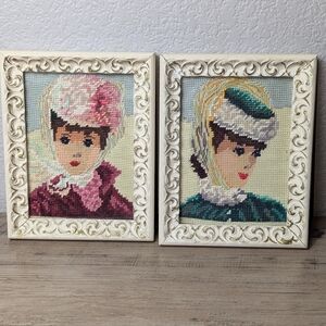Vintage Needlepoint Pair Set Framed Art Huldah Style Parisian Women With Bonnets